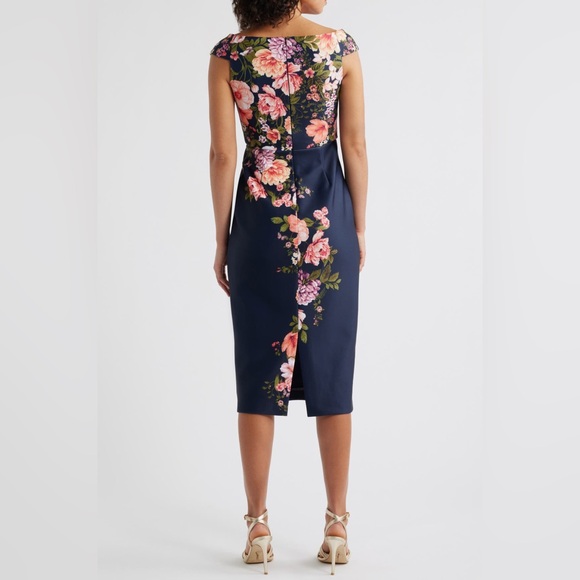 Eliza J Floral Print Scuba Sheath Cap Sleeve Midi Navy Blue Dress NWT Size 14 - Picture 2 of 12